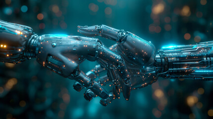 Two robotic hands, come together in a poised gesture that signifies unity. 