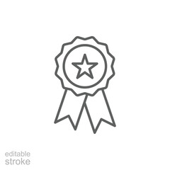 Rosette stamp icon. Simple outline style. Winner medal with star and ribbon, award, first place badge, best quality concept. Thin line symbol. Vector isolated on white background. Editable stroke SVG.