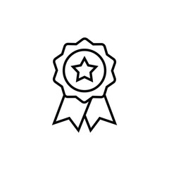 Rosette stamp icon. Simple outline style. Winner medal with star and ribbon, award, first place badge, best quality concept. Thin line symbol. Vector isolated on white background. SVG.