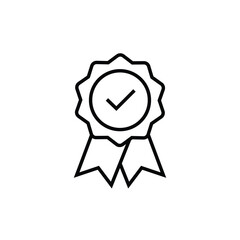 Rosette stamp icon. Simple outline style. Guarantee, warranty, certificate, medal with check mark, ribbon, quality concept. Thin line symbol. Vector isolated on white background. SVG.