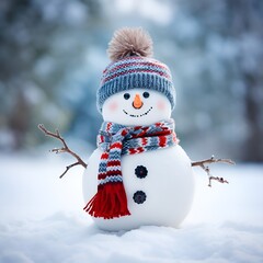 Obraz premium Snowman with hat and scarf