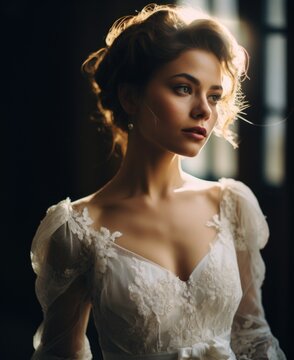 A brunette woman wearing a white wedding dress in a vintage style