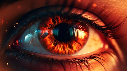 Inferno Vision: Intense Close-Up of an Eye with Flaming Iris Art