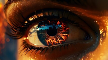 Fiery Gaze: Macro Shot of a Human Eye with Flaming Iris
