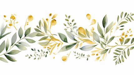 simple design golden greenery wedding watercolor with leaves glittery on white background - obrazy, fototapety, plakaty