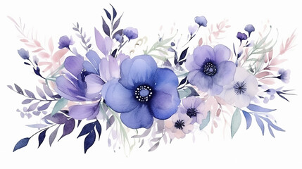 elegant design wedding floral with blue purple flower garden watercolor on white background