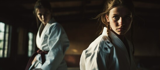 Two female judo practitioners train together in the gym.