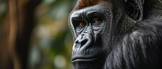 Fototapeta na wymiar a gorilla in jungle landscape wallpaper, wildlife photo, with empty copy space 