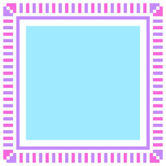 Light blue square background with purple and pink striped border