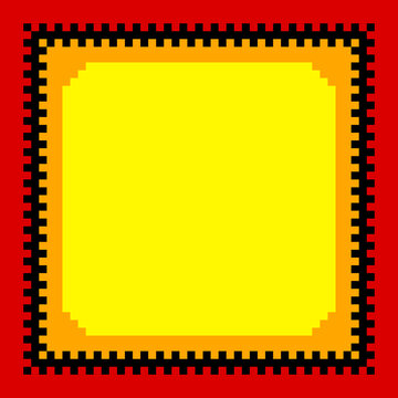 Yellow and orange square background with black zipper pattern outline and red border 