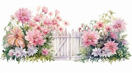 wedding floral with garden fence watercolor on white background
