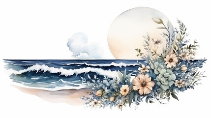 wedding floral with full moon and seascape watercolor simple creative design