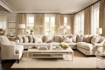 Obraz premium A harmonious blend of cream-colored furniture against a backdrop of soft, neutral tones, creating a serene and inviting living room atmosphere.