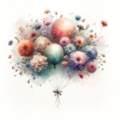 Obraz na płótnie Canvas dreamy watercolor clipart of a floating balloon bouquet made entirely of flowers.