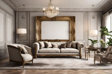 A sophisticated lounge with luxurious furniture and a blank frame adding elegance to the space.