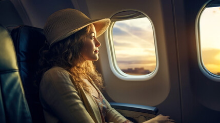 Capturing the essence of a travel adventure, a woman sits in her airplane seat, peering through the window with anticipation