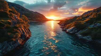 Coastal panorama, drone's eye view, sun dipping, tranquil fjord waters, realistic sunset scene in Norwegian fjords Generative AI