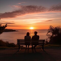 Fototapeta na wymiar Couple in love sitting on a park bench at sunset