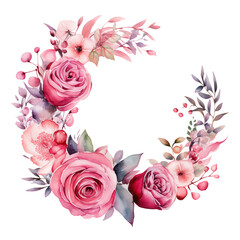 Round Wreaths, floral frames, watercolor flowers, transparent background, pink roses, Illustration Perfectly for greeting card design, wedding stationery invitation