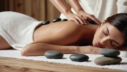 Obraz na płótnie Canvas Beautiful woman receiving back hot stones massage in beauty spa salon. Beauty treatment concept. Generative AI