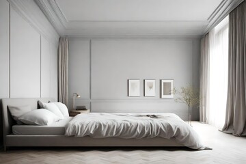 Fototapeta na wymiar A serene bedroom with muted tones and a blank frame enhancing the calming ambiance of the space.