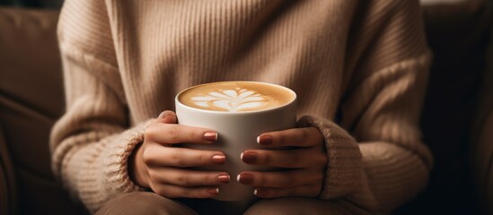 Woman in cozy sweater holds cup of latte with brown manicure.