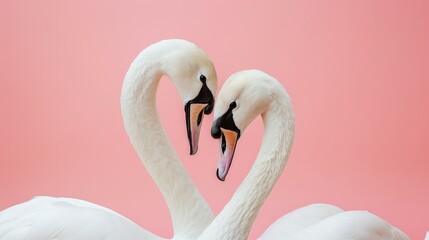  A couple of swan fall in love with pink background with copy space.