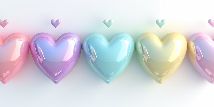  Seamless 3D header with pastel pearlescent hearts in row on a white background. Valentine's day banner with copy space. Social media highlight icons.