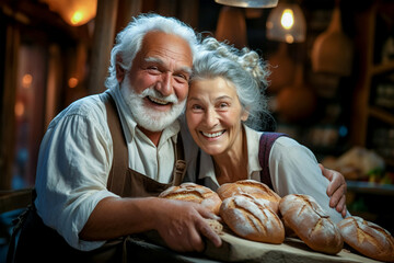 An elderly gray-haired couple men and women owners of a home bakery in a good mood demonstrate their delicious and fragrant bread - obrazy, fototapety, plakaty
