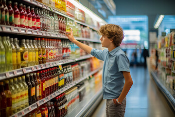 In the supermarket, a blond teenage boy makes a purchase among the high shelves with soda. Harmful products that teenagers choose. - obrazy, fototapety, plakaty