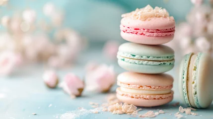 Crédence en verre imprimé Macarons Almond  French Macaroon on top of each other on a pale blue background. with pink roses.  Abstract background with macaron & flower with copy space.