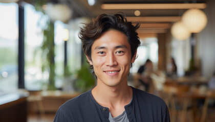 Fototapeta premium Smiles of Success: A Captivating Portrait of a Confident and Happy Young Asian Man - Blending Modern Style, Cheerfulness, in cafe