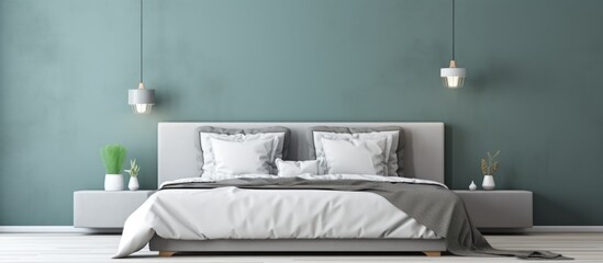 Copy space on empty wall in a stylish bedroom with white, grey, and petrol blue design.