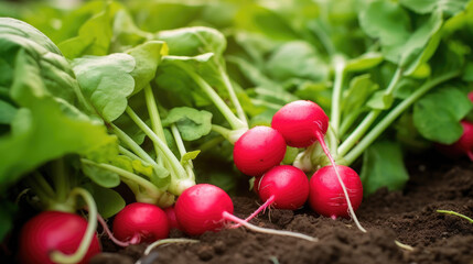 close up. of three red radishes growing in the soil