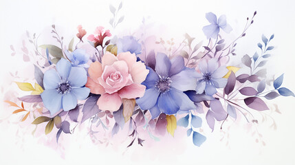 beautiful soft pastel watercolor flowers arrangement on white background