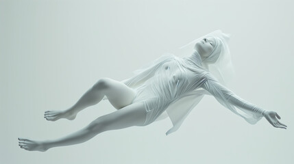 Obraz na płótnie Canvas Human body lying down, floating, pure white, minimalist style, generative ai