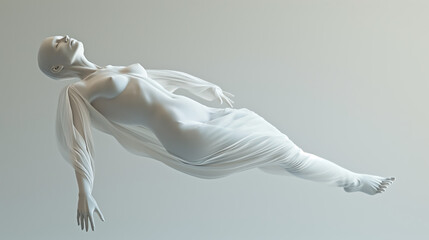 Human body lying down, floating, pure white, minimalist style, generative ai