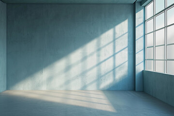 Empty room with monochrome dusty blue textured wall with shadows. Wall scene mockup for showcase with copy space.