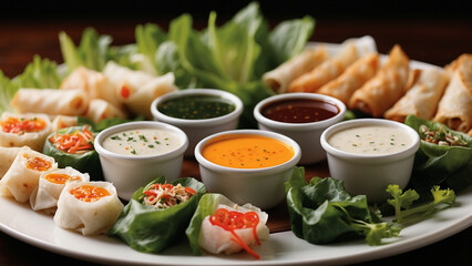 assortment of dipping sauces that accompany the vegetable spring rolls, each with its unique flavor profile