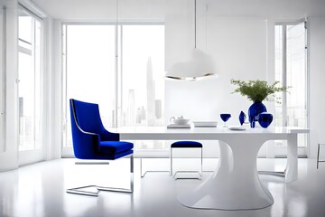 A royal blue chair paired with a glossy white table in a modern, minimalist setting.