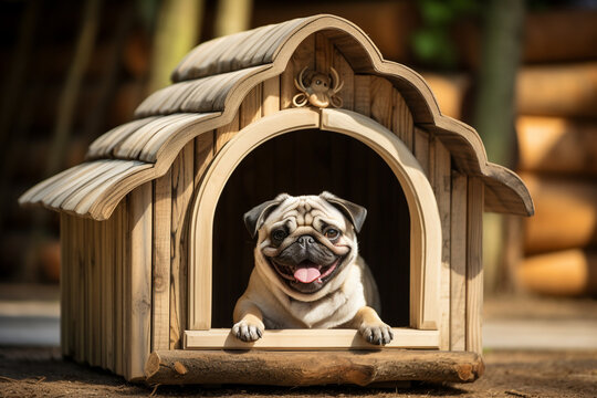 cute pug dog in dog house