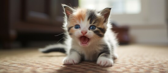 The Calico kitten is indoors on the carpet, licking its paw with one eye closed, and a red tongue...