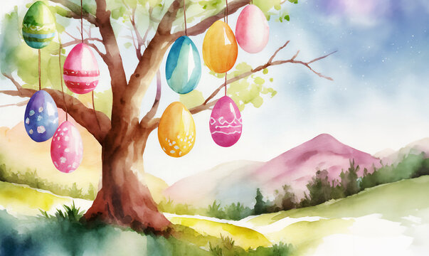 イースター　イースターエッグ　復活祭　卵　水彩　イベント　飾り　木　エッグ　背景素材　AI生成画像