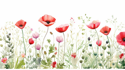 floral design with red green flower garden watercolor seamless border on white background