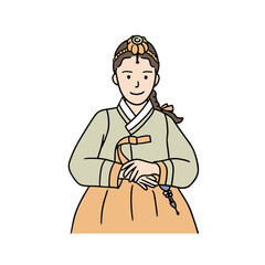A girl wearing hanbok, a traditional Korean costume, with her hands folded.
This is a hand-drawn illustration.