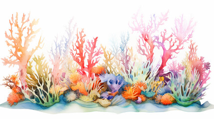 Fototapeta na wymiar underwater plants algae and colored coral watercolor on white background