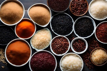 Variety of rice - red rice, black rice, basmati, whole grain rice, long grain parboiled rice and arborio rice - in bowls. Overhead view