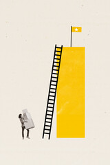 Vertical surreal photo collage of young worker guy hold bunch of boxes look at huge long ladder...