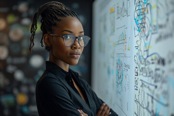 Conference business meeting presentation. A businesswoman shows data to a group of investors, businessmen. Projector screen shows graphs, product sales, revenue growth strategy, e-commerce analysis.