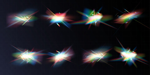 
Crystal rainbow light reflection effect. Colorful clear iridescent lenses.
